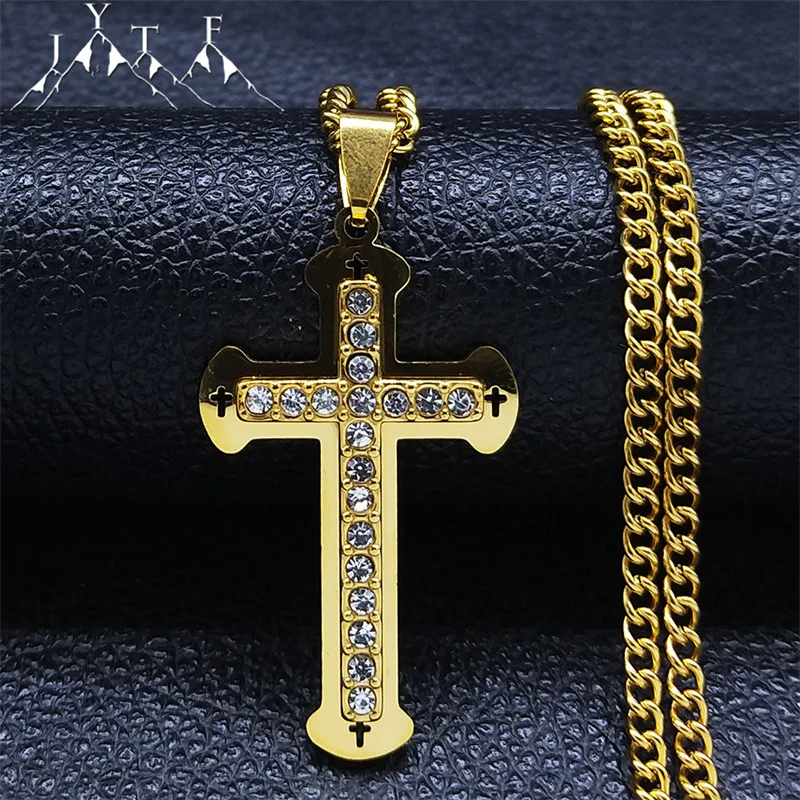

Cross Hip Hop Christian Stainless Steel Chain Necklace for Women/Men Gold Color Hollow Rhinestone Necklaces Jewelry Gift N4928S0