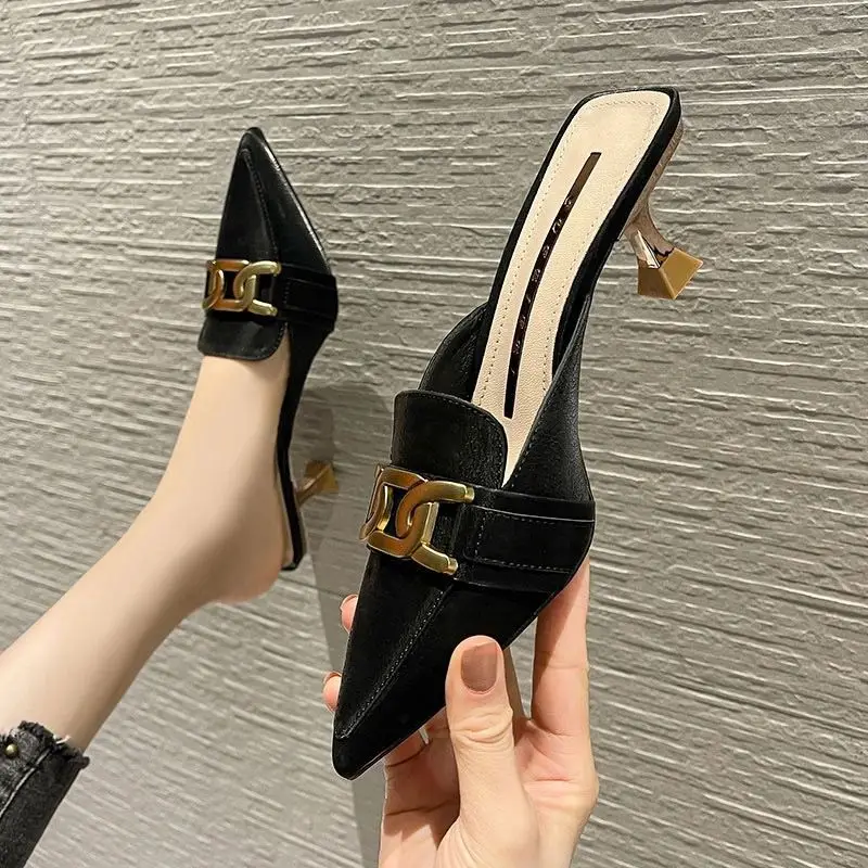 Women Slippers Mules Pointed Toe Rubber Metal Chains Outdoor Slides Woman Shoes Fashion Casual Lady High Heels Zapatillas Mujer