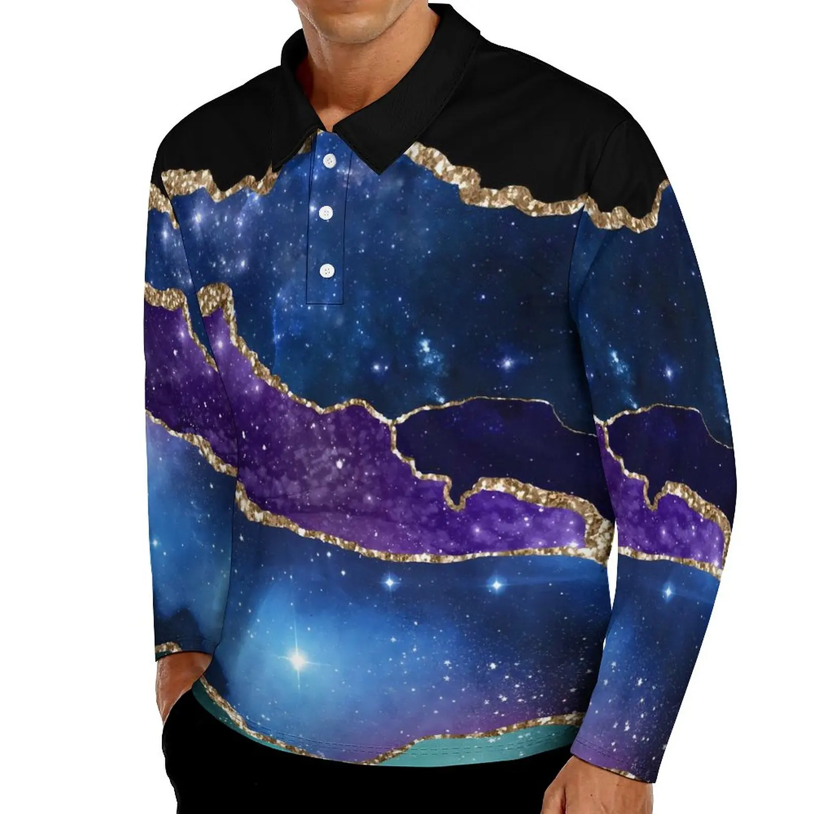 

Футболка-поло мужская блестящая с длинным рукавом, с принтом мрамора