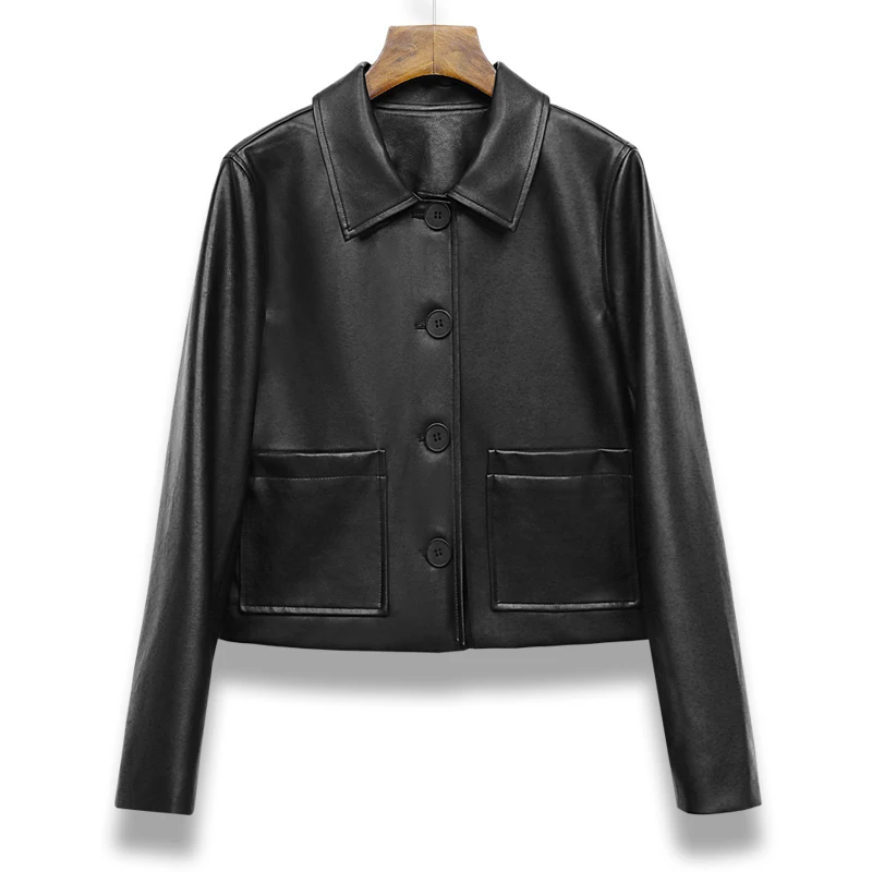 New Women Short Leather Jacket Spring Autumn Fashion Shirt Collar Single Breasted Slim Short Leather Coat Sheepskin Biker Jacket