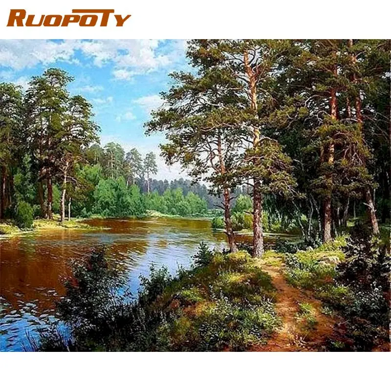 

RUOPOTY Frameless River DIY Painting By Numbers Forest Landscape Calligraphy Painting Acrylic Coloring By Numbers Home Decor