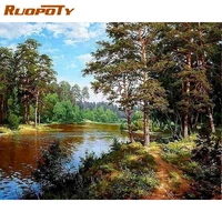 ruopoty frameless river diy painting by numbers forest landscape calligraphy painting acrylic coloring by numbers home decor