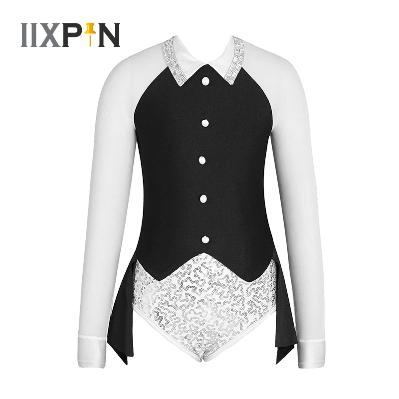 

Kids Girls Figure Ice Skating Dress Long Sleeve Rhinestone Sequins Decorated Hollow Back Ballet Dance Gymnastics Leotard Wear