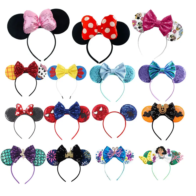Disney Minnie Mickey Mouse Headband Mermaid Encanto Ear Hairband Sequins Bow Hair Children Party Festival Girl Hair Accessories