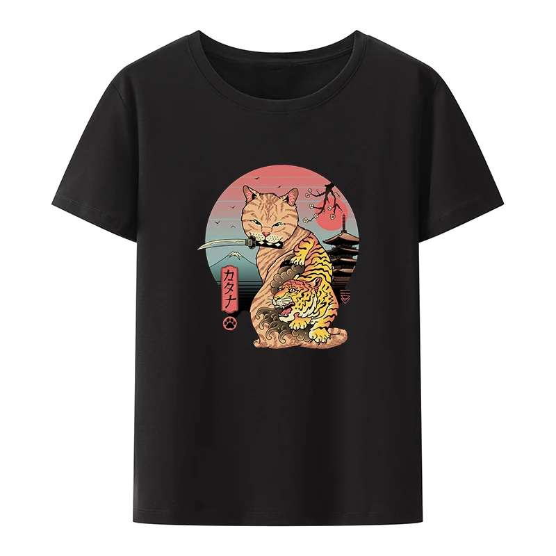 

Japanese Style Cat Samurai Cotton T-shirt Popular Women Clothes Trend Koszulki Breathable Student Nick Young Girls Camisa Unique