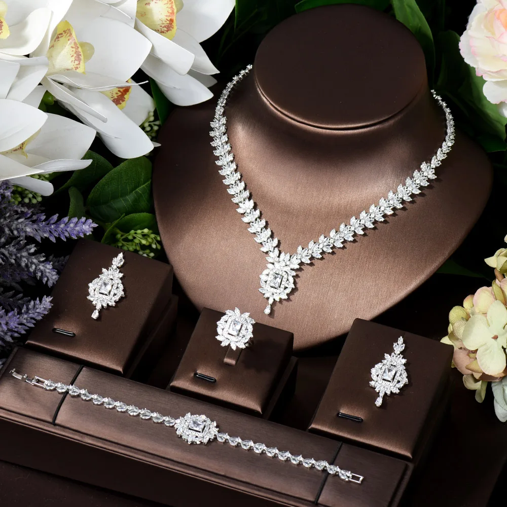 HIBRIDE New 4PCS Necklace Earrings Bracelet Ring For Noble Luxury Women Bridal Wedding Party Show Jewelry Sets Bijoux N-983