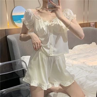 kawaii pajamas for women cottonshort puff sleeves single breasted top loose short solid loungewear two piece sets pyjamas woman