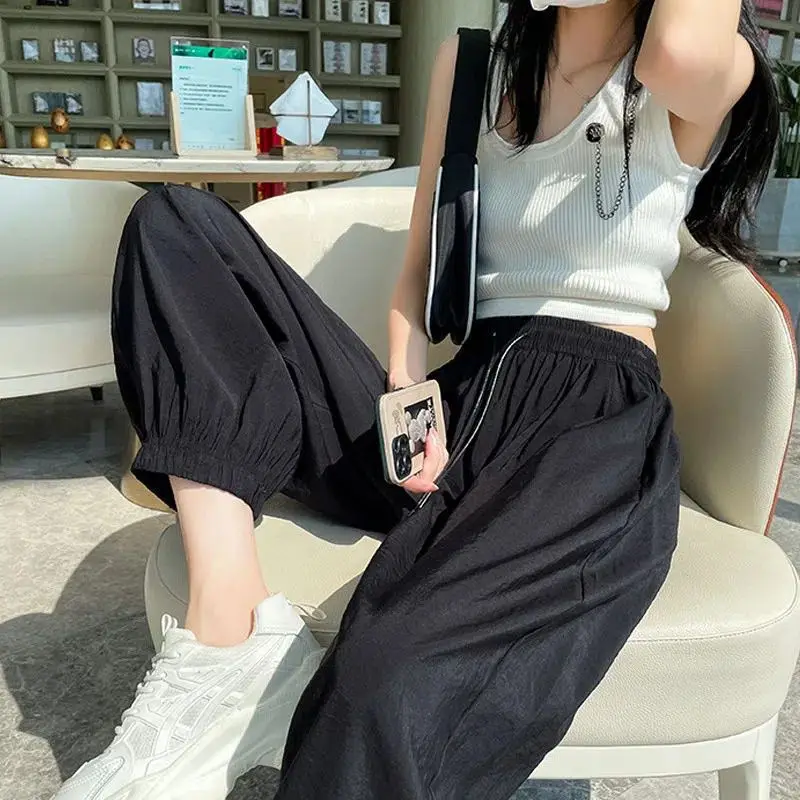 Summer Spring Harem Pants Women Loose Sporty High Waist Casual Korean Style Drawstring Ankle-length Solid Fashion