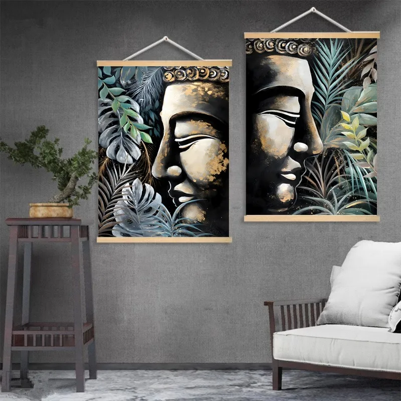 Настенные картины на холсте в буддизме с деревянной вешалкой зеленые листья