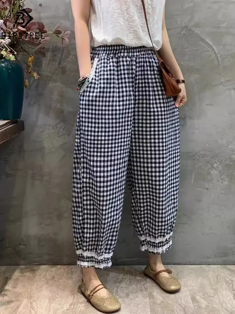 Летние хлопковые льняные шаровары в стиле ретро женские кружевные клетчатые