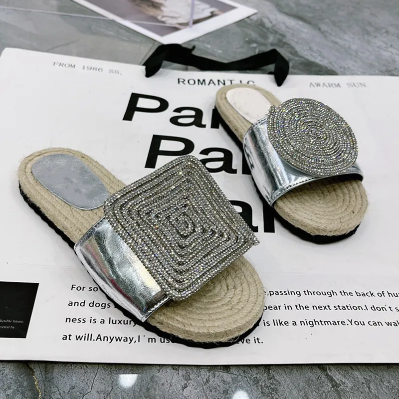 2023 Summer Flats Sandals Square Round Crystal Decoration Slippers Women Slip on Deep Toe Mules Brand Casual Party Shoes Mujer