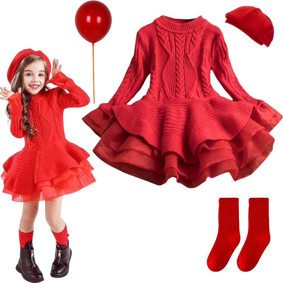 

Girls Long Sleeve Knitting Dresses Autumn/Winter Warm Birthday Party Ruffle Princess Costume Kids Red Christmas Disfraz Vestido