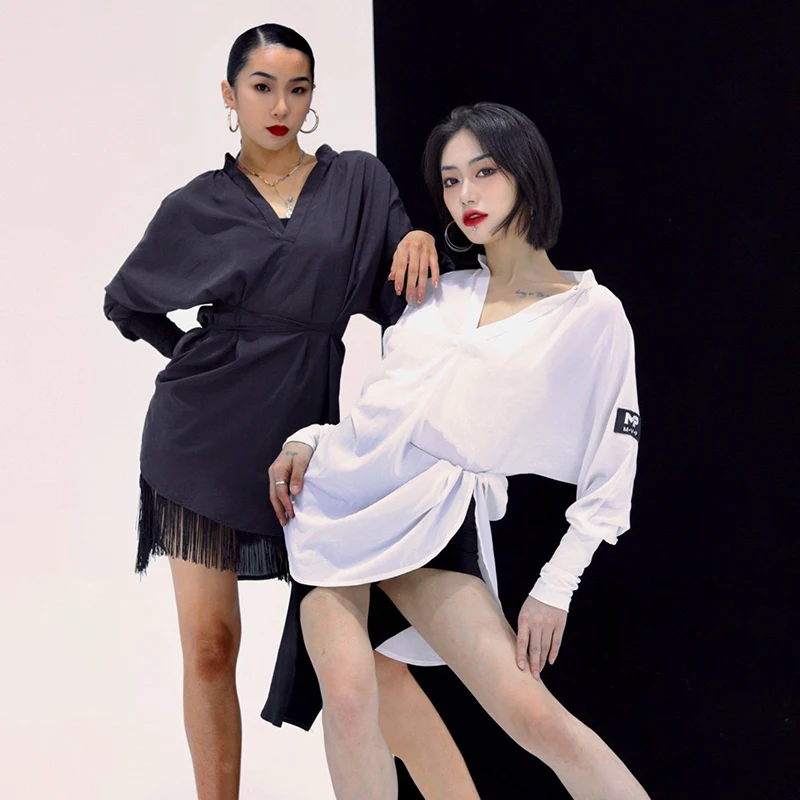 

Женский Классический кардиган с V-образным вырезом, рубашка, платье для латиноамериканских танцев, платье для тренировок, свободное платье с длинными рукавами, одежда для румбы, Танго, латиноамериканских танцев DQS9054