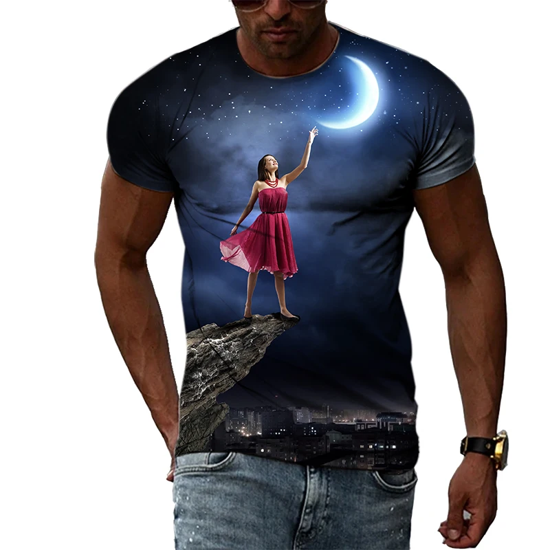 

Summer Tide Amusing Moon Picture Men T-Shirts Casual 3D Print Tees Hip Hop Personality Round Neck Short Sleeve Quick-Dry Tops