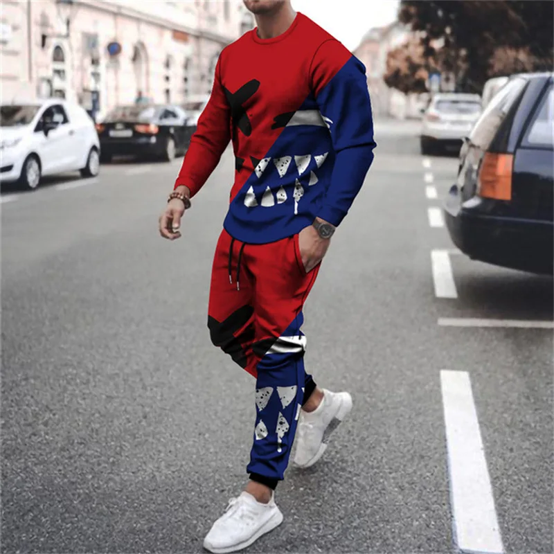 Pants Suit Men's Spring And Autumn Long Sleeve T-shirt 2-Piece Fashion Casual Tracksuit Color Printed Street Jogger Clothing