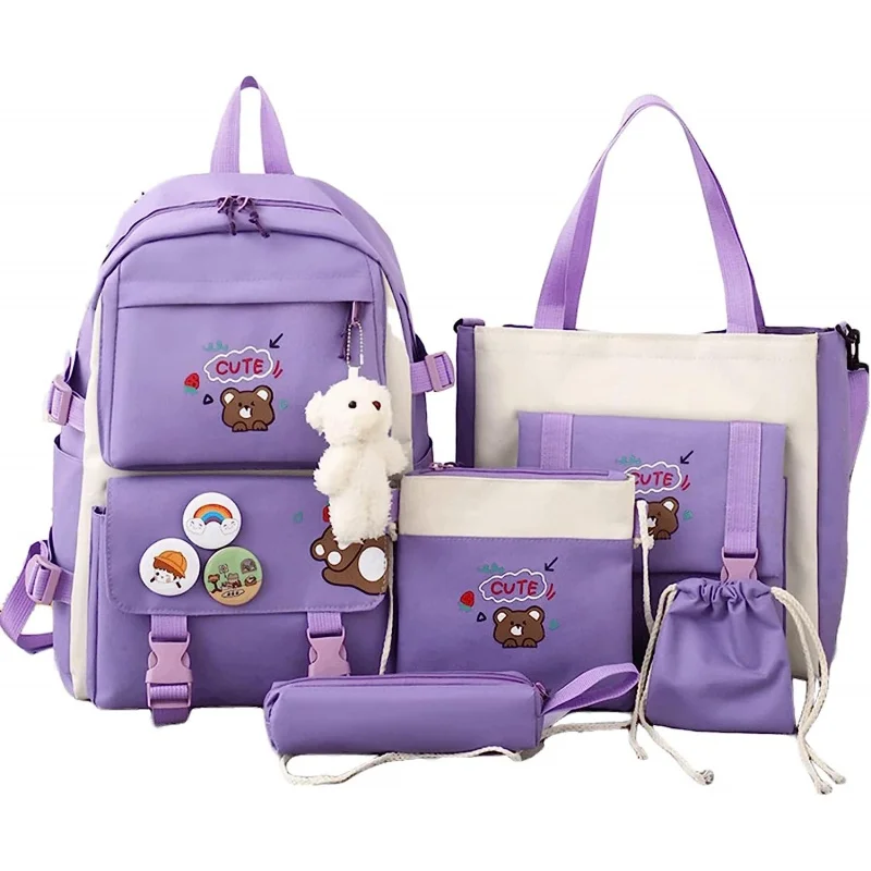 

Kawaii Backpack Set 5Pcs with Badge Duck Pendant,Japanese Aesthetic Check Bookbag for Girls Cute Plaid School Backpack