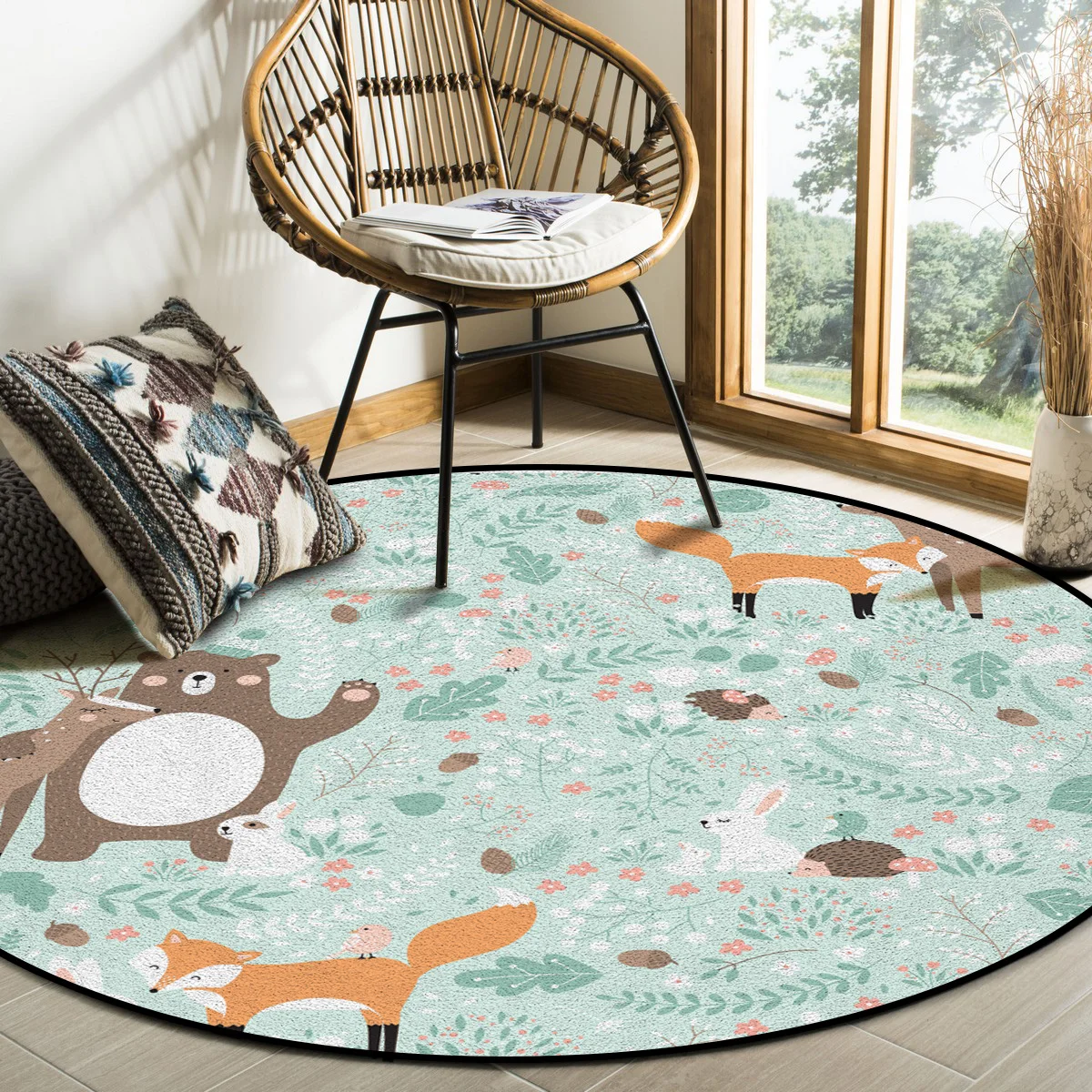

Forest Animals Bear Deer Fox Rabbit Bird Print Round Rug Living Room Bedroom Floor Mats Modern Home Decor Round Rug