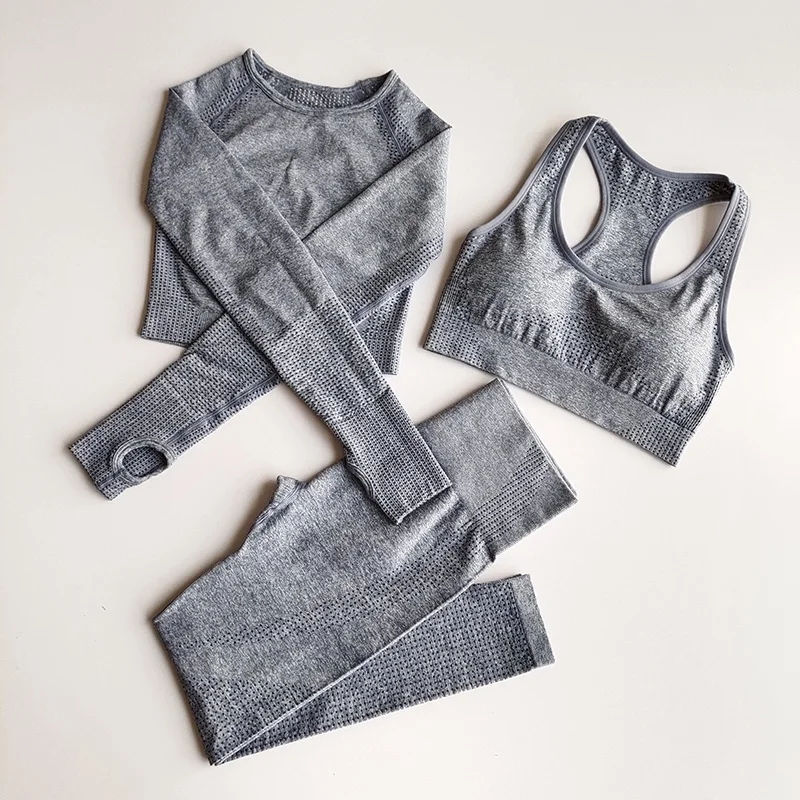 3 PCS Seamless Yoga Set Women Workout Sets Sportswear Long Sleeve Crop Top High Waist Leggings Gym Clothes Sports Suits Female