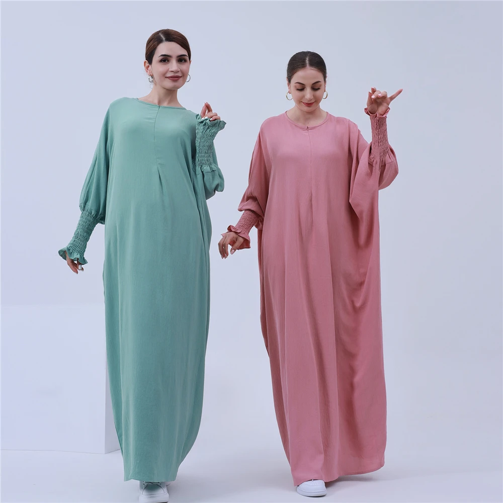 

Abaya Inner Long Dress Solid Color Smocked Cuffs Zipper Front Islamic Clothing Muslim Woman Gown Casual Dubai Turk Modest Robe