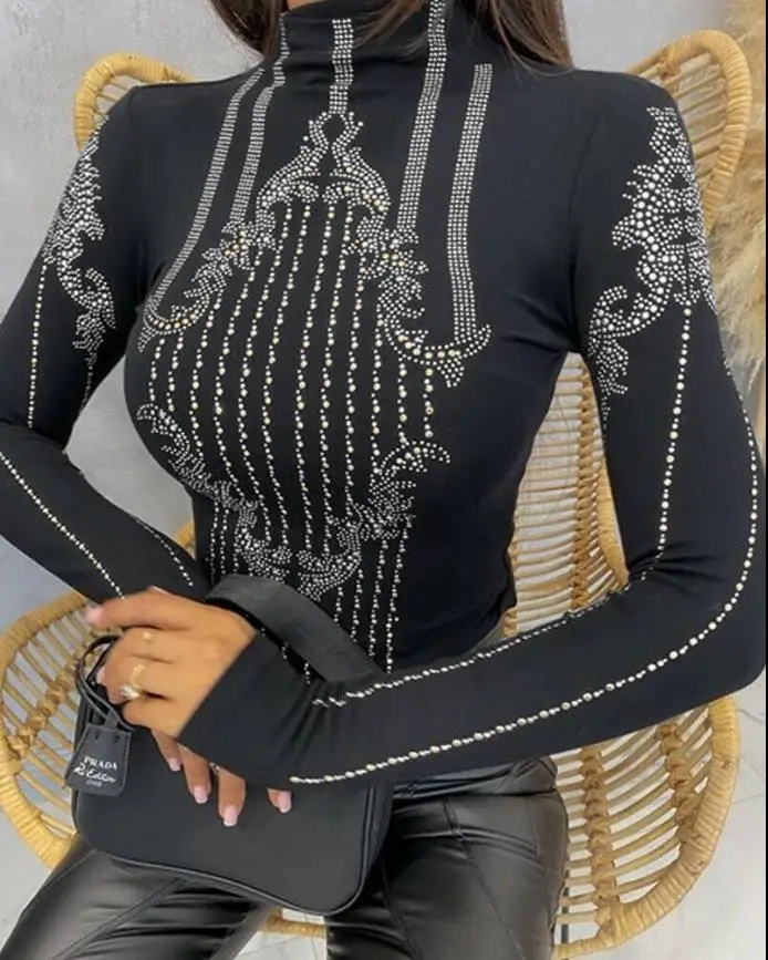 

Spring & Winter fashion Rhinestone Decor Long Sleeve Top cheap casual women clothing Mock Neck Skinny Aesthetic clothing