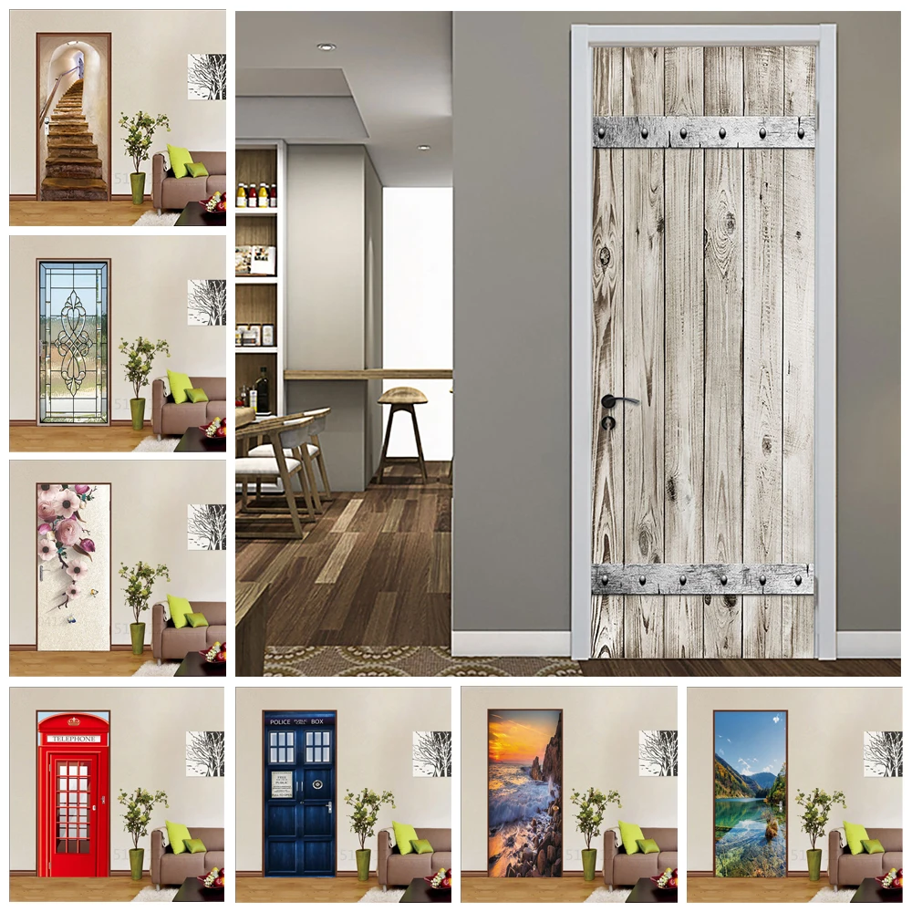 

Retro Wooden Door Stickers Self Adhesive Vintage Geometry Glass Door Outside Scenery 3D Wallpaper Art Murals Wall Decoration