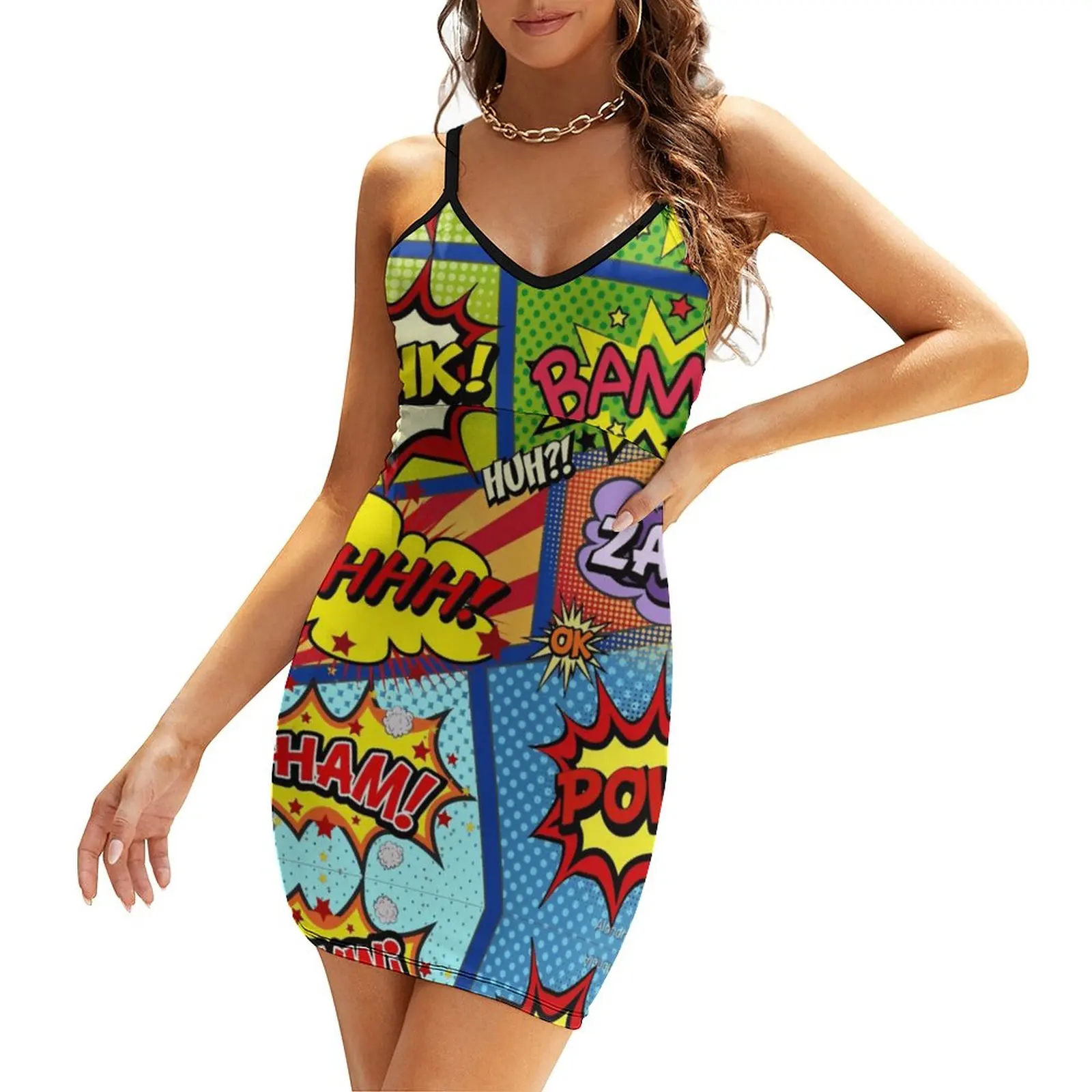 

Exotic Woman's Gown Strappy Dress Panels Crazy Colorful Comic Book Panels (2) Women's Sling Dress Vintage Vacations Funny Nove