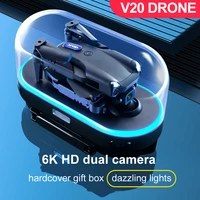 v20 mini profesional drone 6k hd dual camera wifi led fpv foldable quadcopter one key return 360 rolling rc helicopter toy