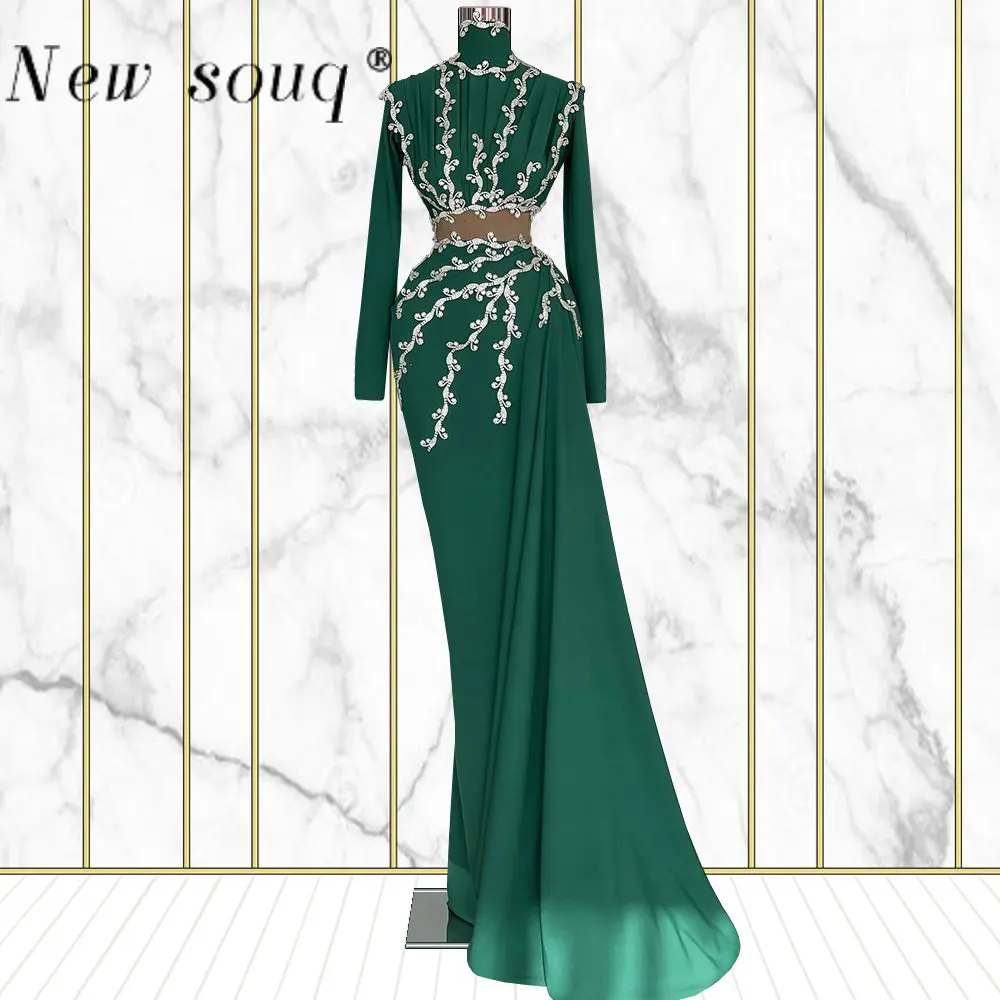 

Женское вечернее платье с длинным рукавом, зеленое элегантное плиссированное платье с высоким воротником и бусинами для торжественных мер...