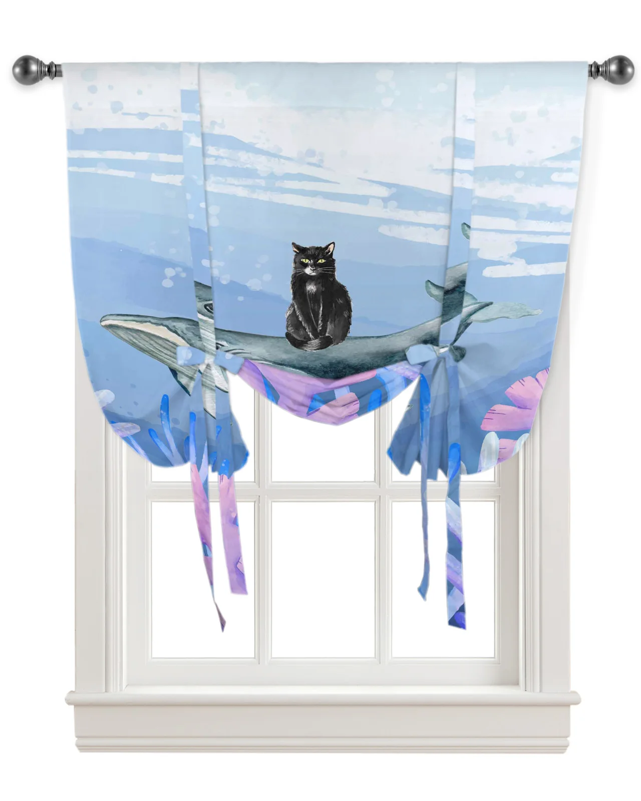 Короткая занавеска на окно с мультипликационным морским Китом для кухни
