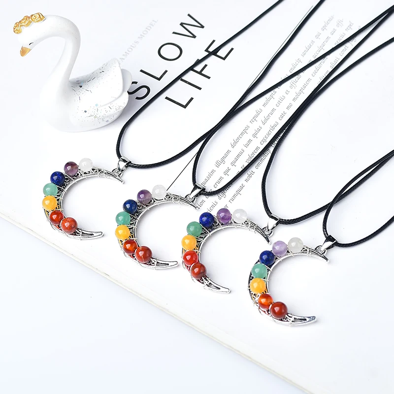 

1PC Natural Crystal 7 CHAKRA Pendant Necklace Crescent Moon Made Healing Stone Increase Charm Necklace Jewelry For Woman Gifts