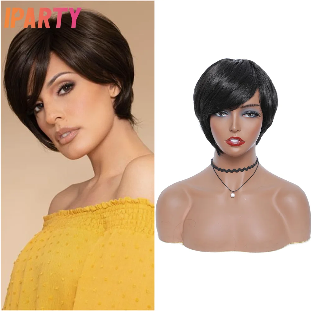 

Iparty 6-дюймовые синтетические парики машинного Боба черного цвета с боковой частью термостойкие волокна среднего размера короткий парик Еже...