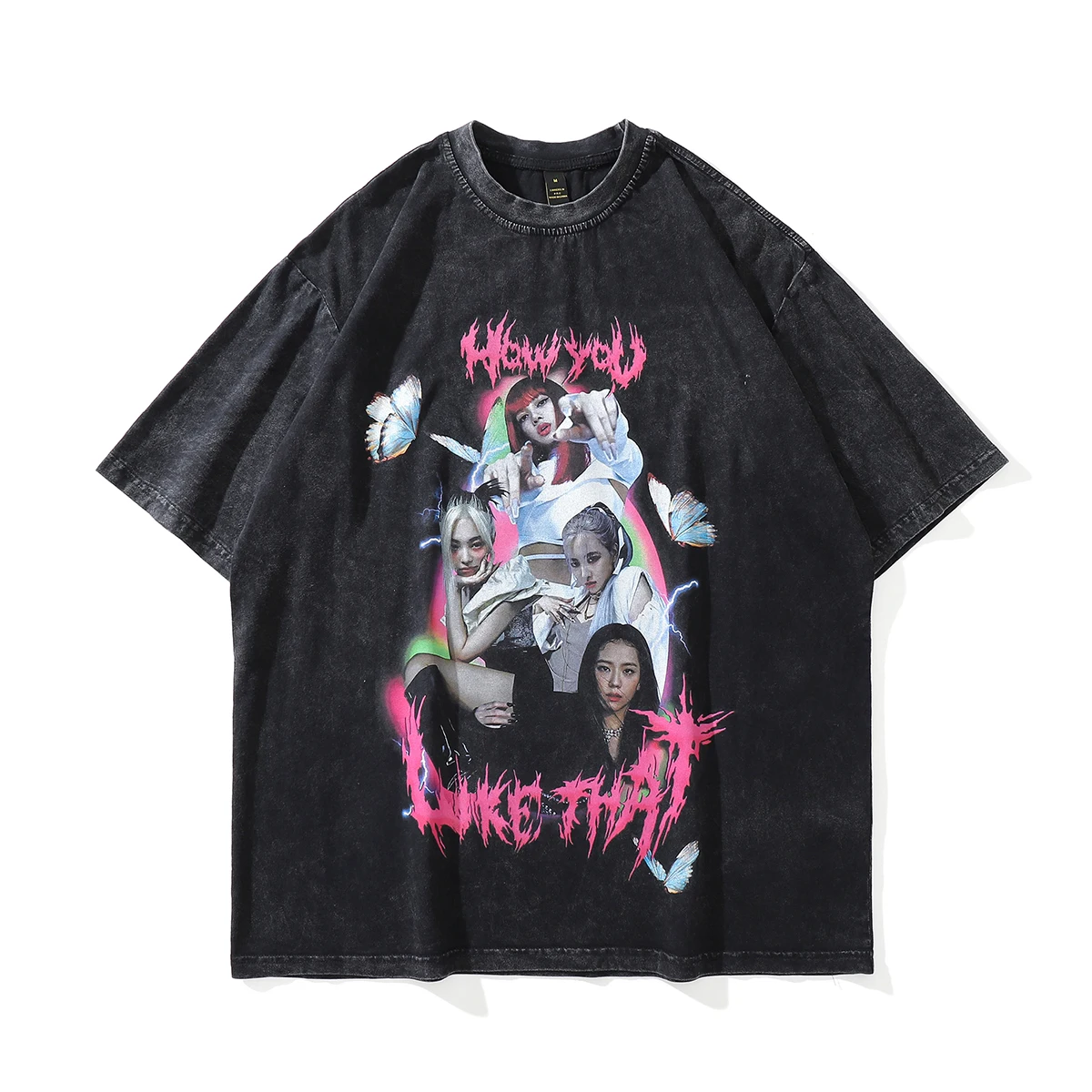 

Промытая футболка, женская уличная одежда, Корейская группа девушек, футболка оверсайз, мужская летняя хлопковая Винтажная футболка с коро...