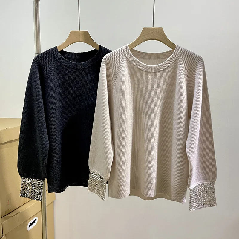 

Осенне-зимний женский свитер с круглым вырезом 2023 женские манжеты с блестками с длинным рукавом Повседневный модный 100% кашемировый вязаный пуловер