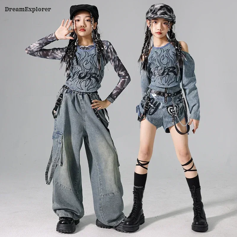 Джинсовый укороченный топ K-pop для девочек джинсы-карго уличных танцев брюки