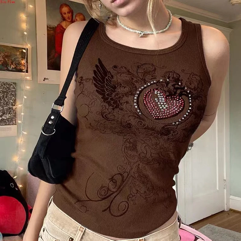 

Fashion Causal Y2K Women's T-Shirts Retro Vintage Gothic Rhinestone Cami Tops Female Women Clothing High Street Autumn Shirt