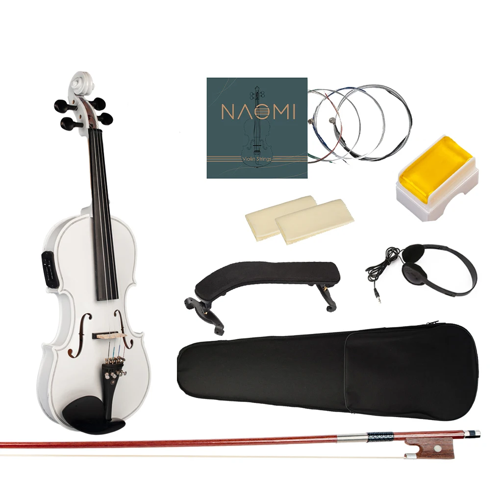 Mugig 4/4 Electric Violin Acoustic Violin White Color Solid Maple Spruce Wood Violin Ebony Fittings w Case Shoulder Rest Strings