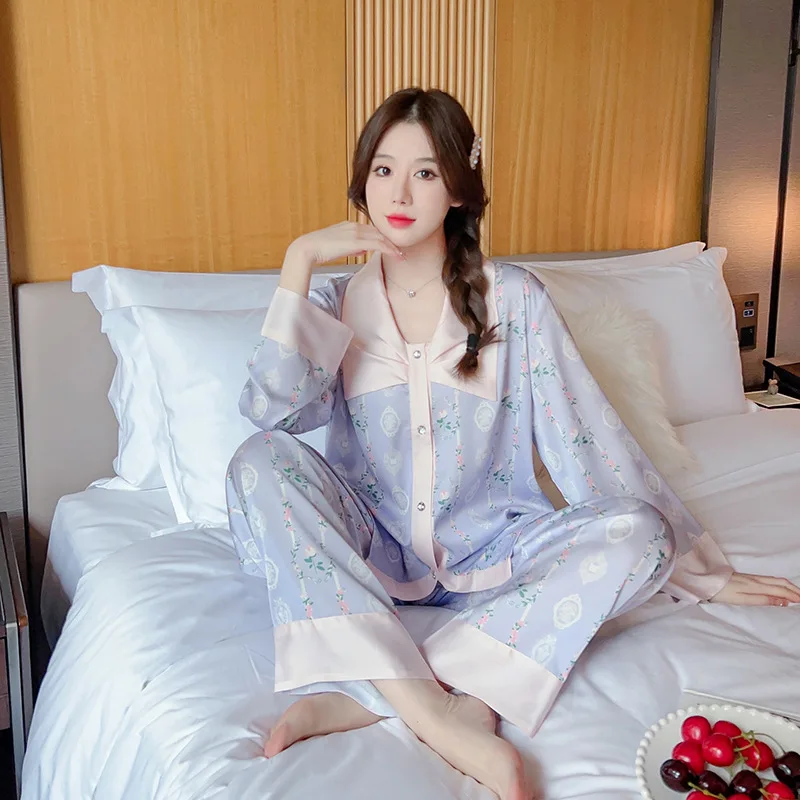 

Jxgarb Bowknot Collar Floral Printed Casual Spring Autumn Pajamas Sets Two Pieces Satin Female Nightwear Dropshipping