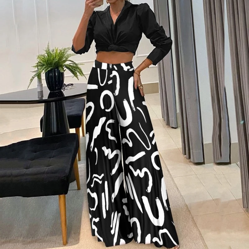 

Spring Autumn Casual Women Sets Solid V Neck Shirt Tops + Pleated Wide Leg Pants Two Piece Set Elegant Suit Lady Sexy Outfits
