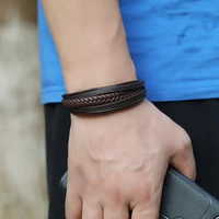 fashion stainless steel charm magnetic black mens vintage multilayer leather braided bracelet punk rock bracelet jewelry