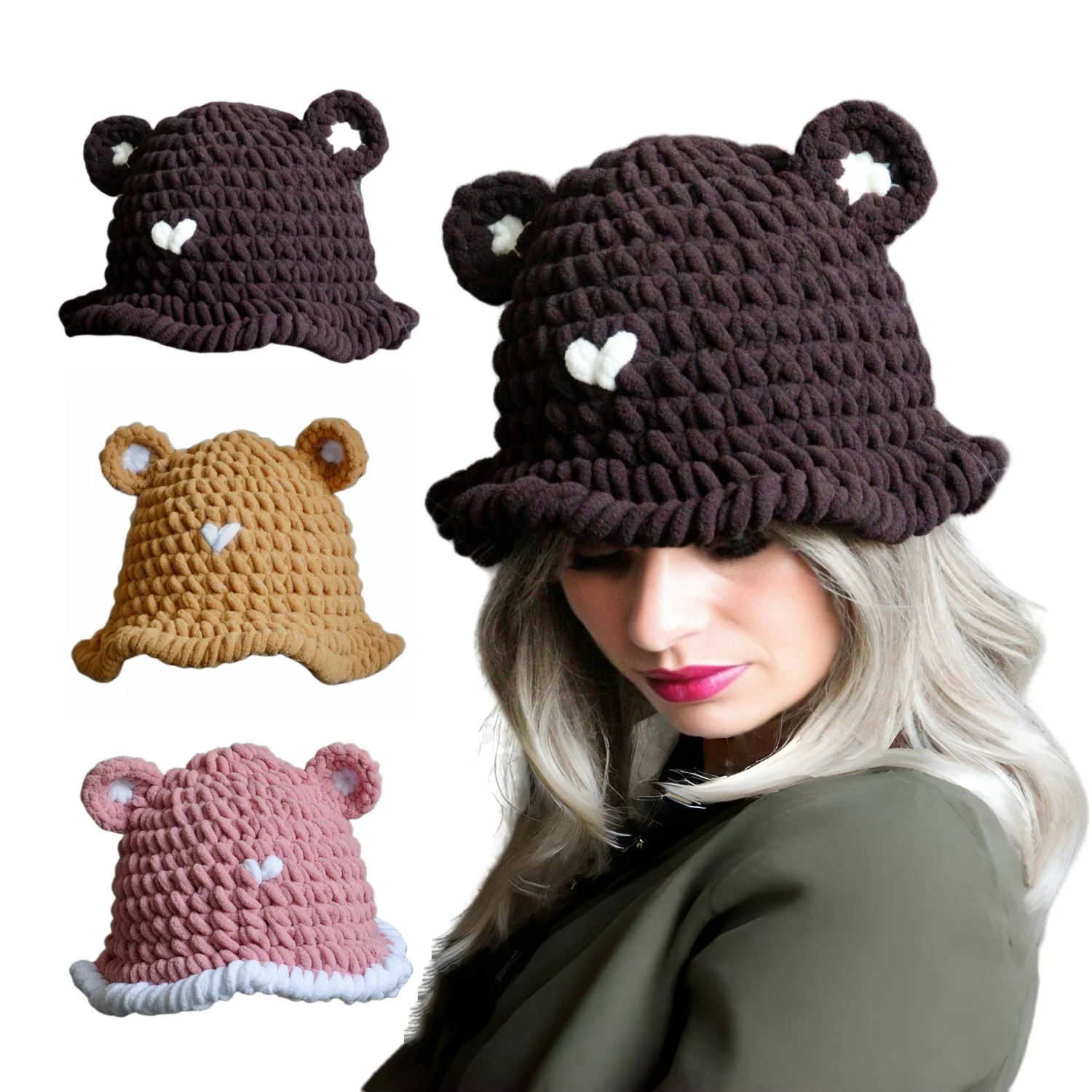 Зимняя Теплая Плюшевая Вязаная Шапка С Медвежьими Ушками