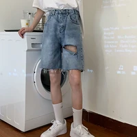 korean fashion 2021 casual hole denim shorts straight high waist harajuku short trousers vintage 90s summer womens streetwear