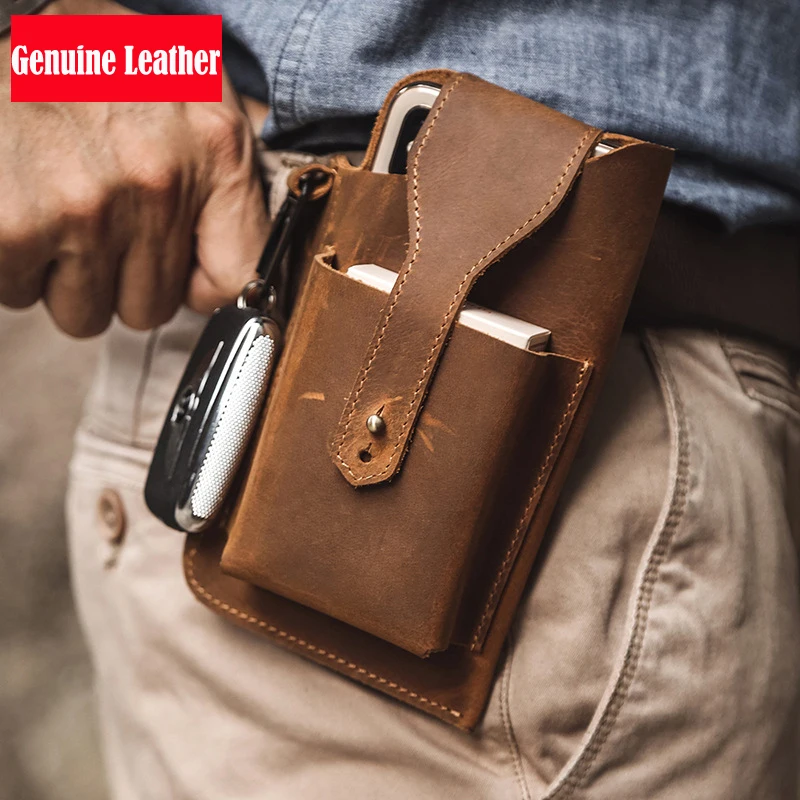 Outdoor Cellphone Holster Sport Running Mobile Phone Storage Belt Bag Crazy Horse Leather Men's Cell Phone Holder Fanny Pack