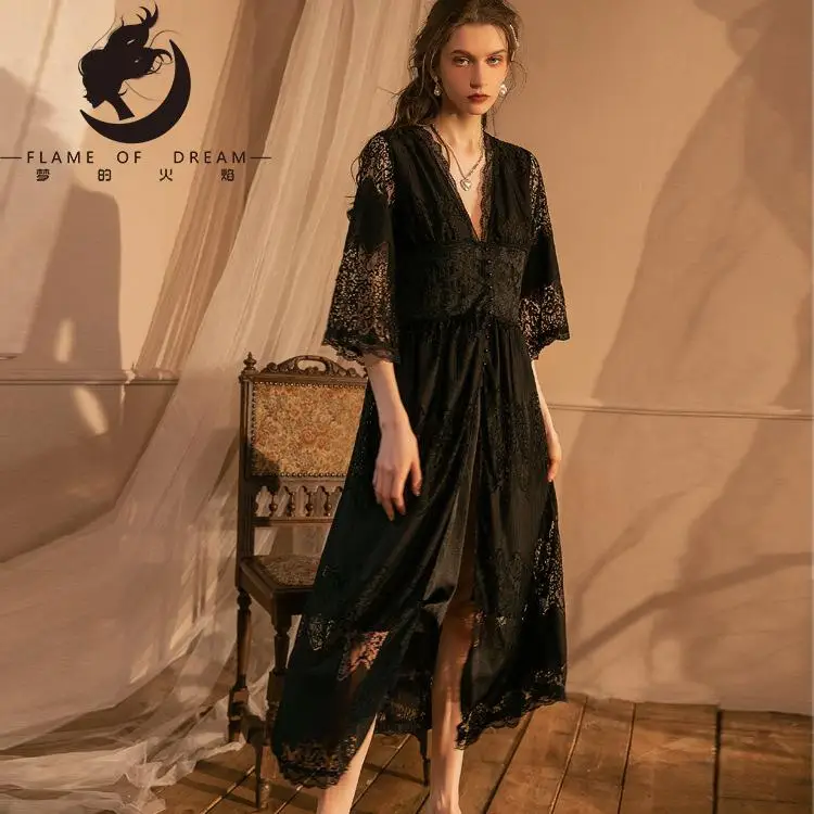 Flame Of Dream Lace  Mesh Sexy Robe Women  Suspender Nightdress Home Clothes Thin Double Layer Dress 221562
