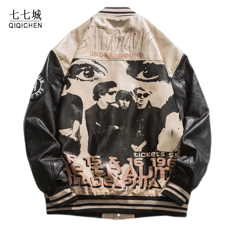 Baseball Leather Jacket Men Portrait Letter Embroid Motorcycle PU Jacket Men's Oversize Varsity Vintage Bomber Coat Unisex New