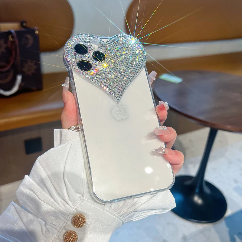 

Glitter 3D Love Heart Diamond Camera Lens Case For iPhone 14 11 12 13 Pro Max X XS XR 7 8 Plus Luxury Rhinestone Clear Cover