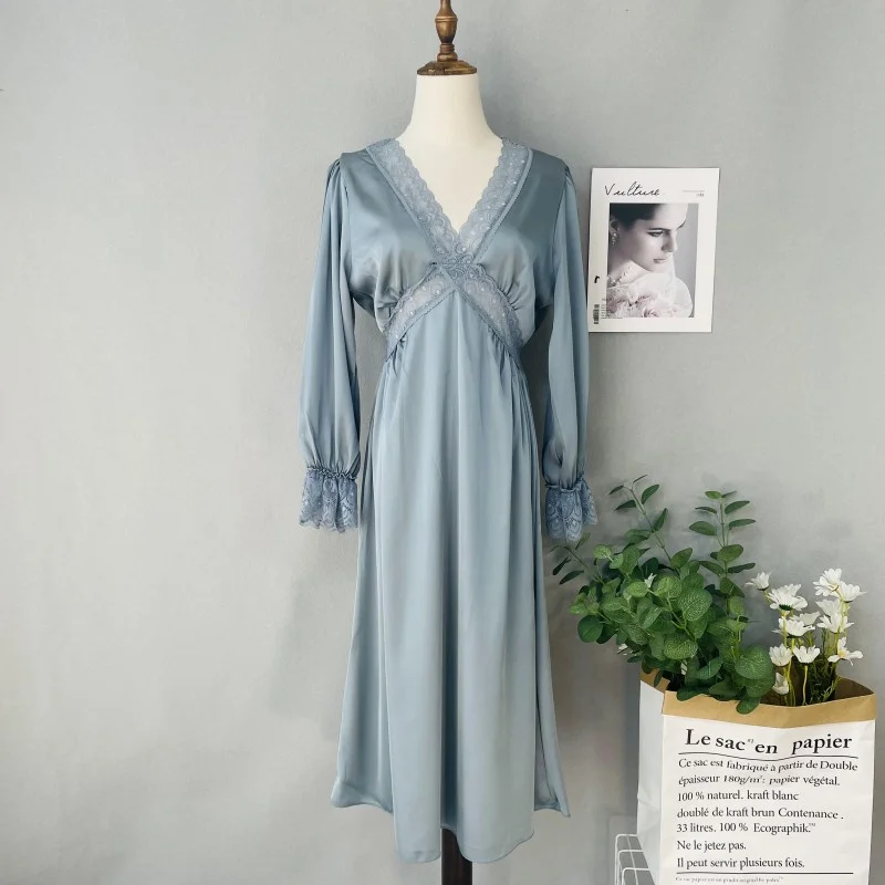 

Women Sleepwear Retro Court Style Nightgown Spring Summer Long Nightdress Sexy Lace Home Dress Casual Thin Soft Satin Loungewear