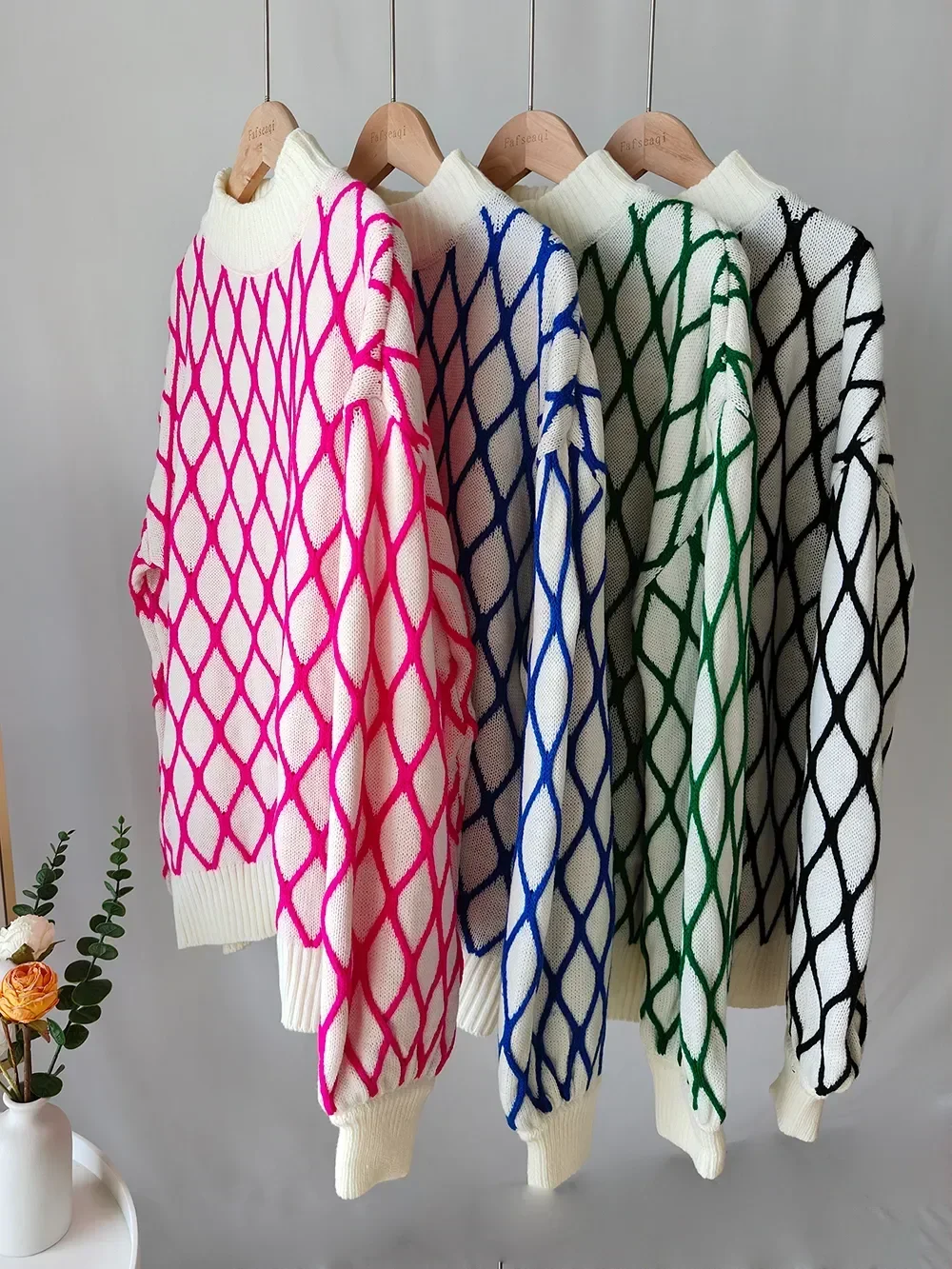 Зимний женский свитер с высоким воротником в клетку толстые теплые вязаные