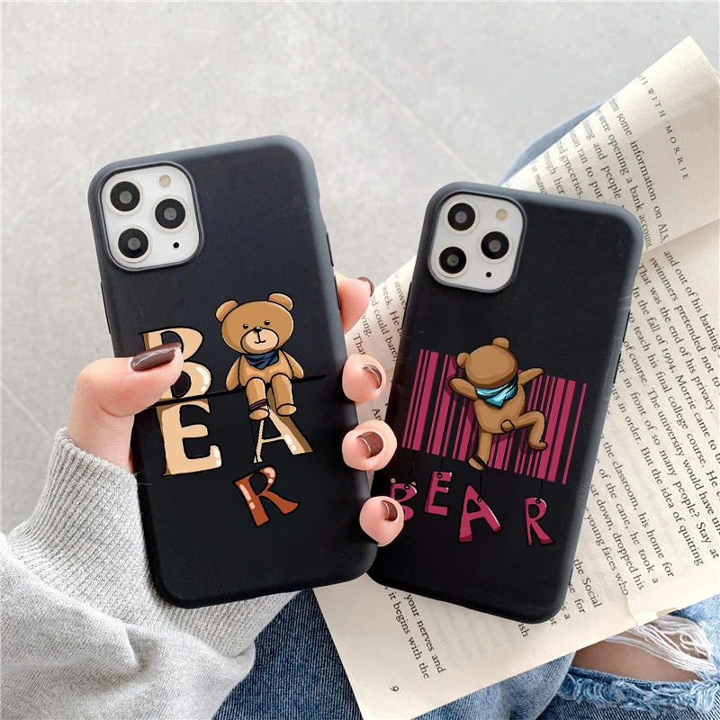 

Funny BEAR Phone Case For IPhone X XR XS 11 12 13 14 Pro Max 7 8 Plus Contracted Pure Color Shockproof Silicone Soft Back Covers