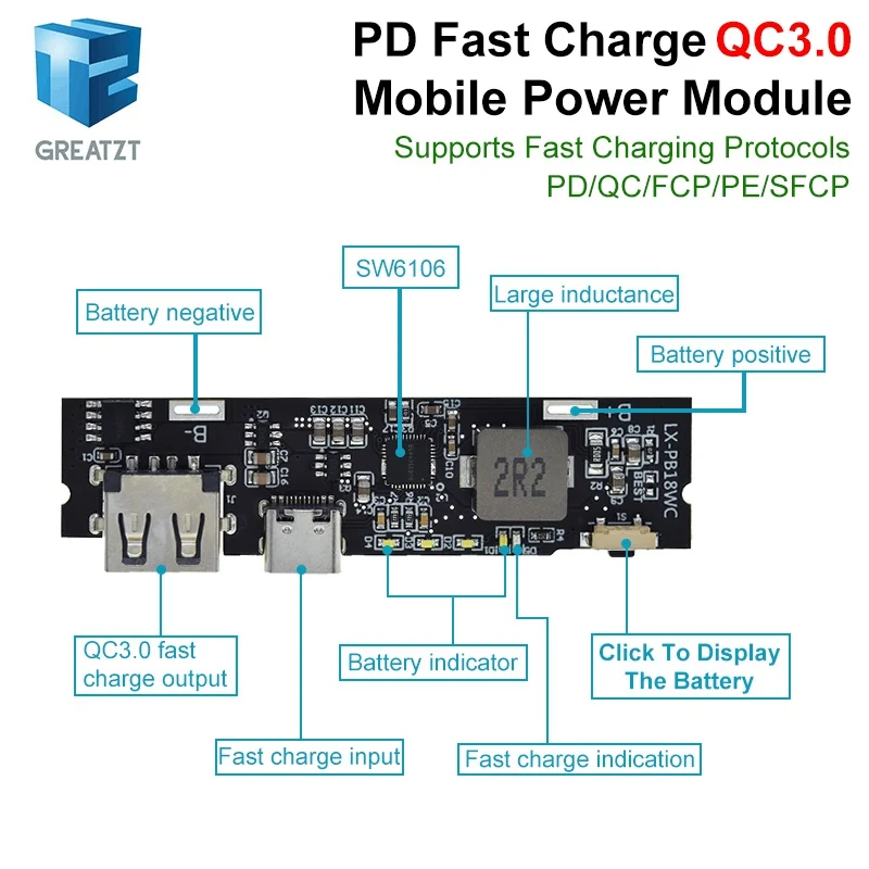 Фото GREATZT QC3.0 QC2.0 Dual USB 18 Вт Type-C USB SW6106PD Мобильный аккумулятор с быстрой зарядкой 18650 Модуль зарядки с индикатором №4