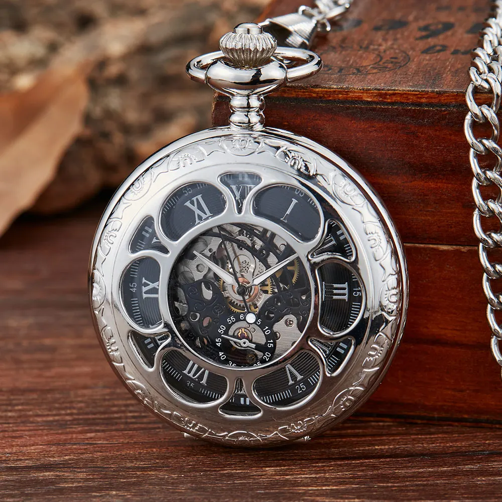 Vintage Silver Mechanical Hand Wind Pocket Watches Blue Roman Numeral Dial Mechanical Flip Watch Men Clock With Fob Chain